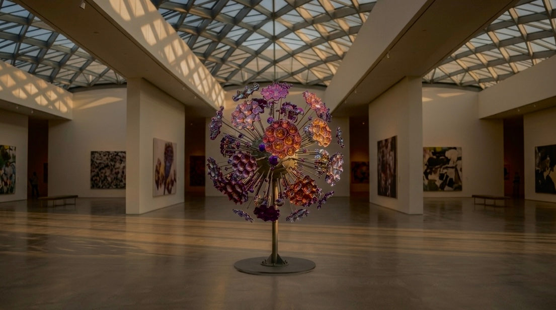 New sculpture Purple Dandelion at Pacific Design Center