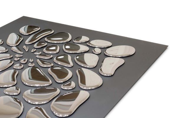 Elegant mirrored wall mural - 55 Drops Mural in silver chrome finish for high-end interior decor.
