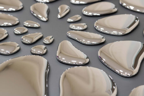 Luxury glass wall mural - 55 Drops Mural with silver mirror drops, adding elegance to any space.