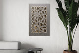 55 Drops Mural in a modern living room, featuring a reflective mirror art panel with organic shapes and silver chrome details.