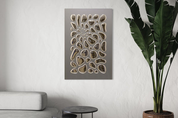 55 Drops Mural in a modern living room, featuring a reflective mirror art panel with organic shapes and silver chrome details.