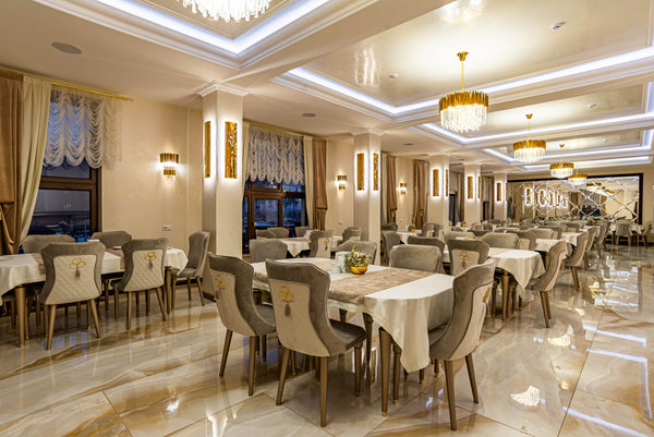 Luxury aqua gold wall panel decorated interior of luxury restaurant