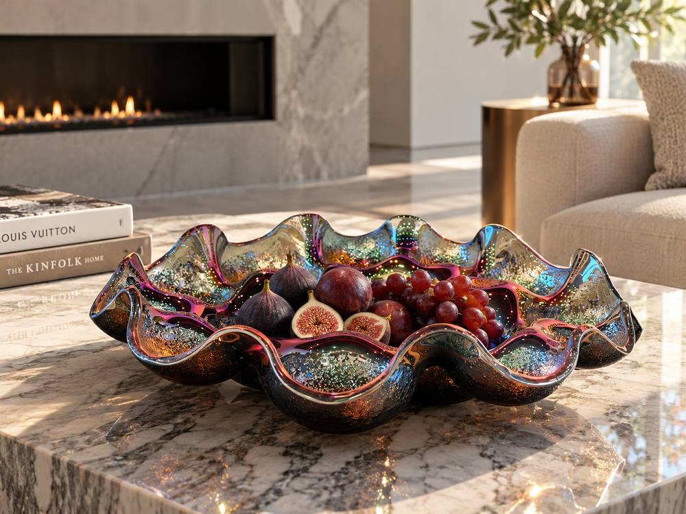 Bubbles Iridescent Purple Sculptural Glass Bowl – 19.3 in