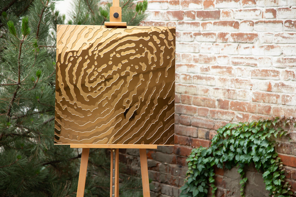 Luxury gold fingerprint art wall decor, modern artistic glass panel reflecting nature.