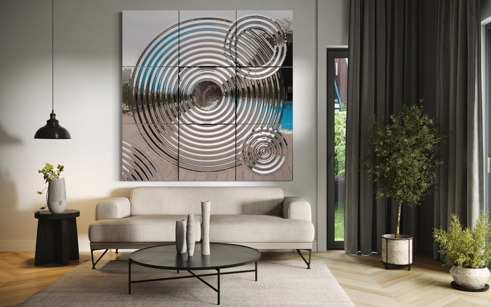 Contemporary interference wall composition with a structured geometric glass arrangement in luxury interior