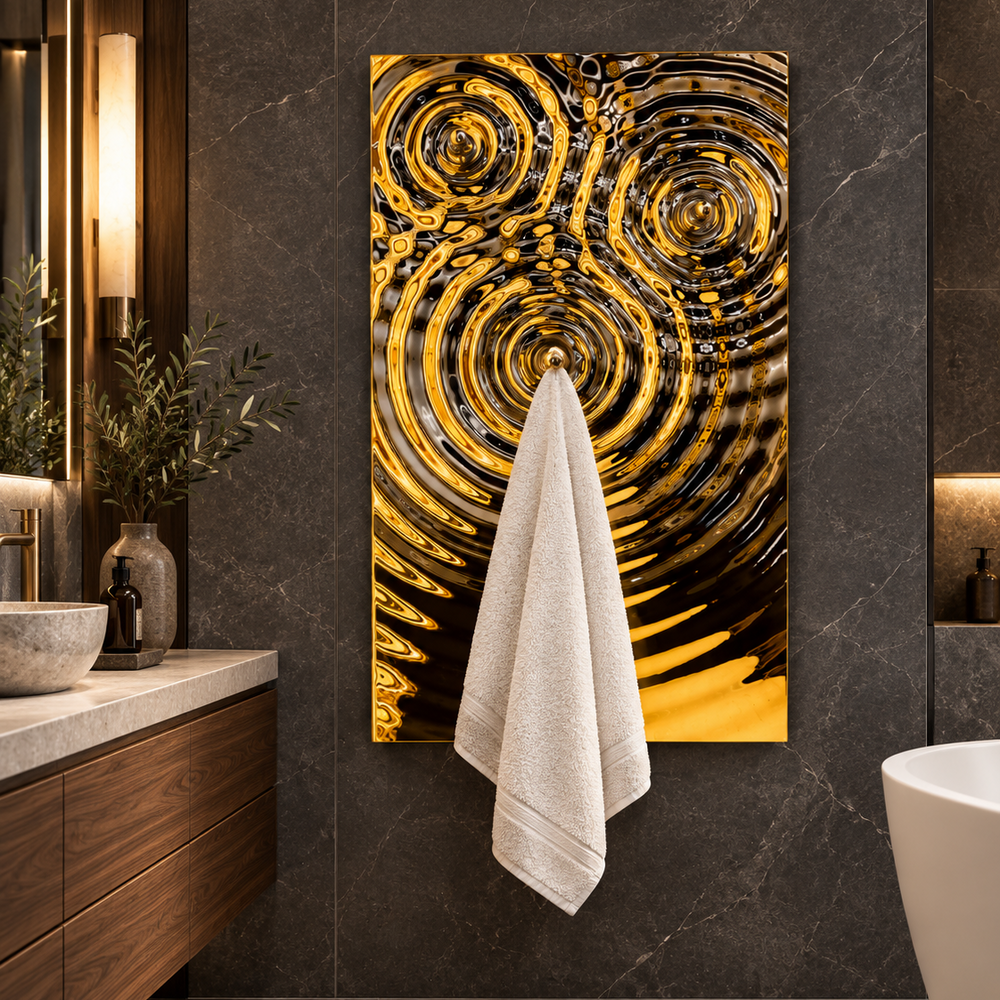 A stunning artistic towel rack with a reflective gold and black finish, adding elegance to any space.