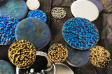 golden and blue galaxy panels in moder living room interior