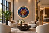 A modern, luxurious lobby interior featuring a large, circular, multi-colored spiral wall art piece mounted on a beige wall. The lobby is furnished with cream-colored armchairs, a round dark marble coffee table with white flowers, and a large potted green plant on the left.