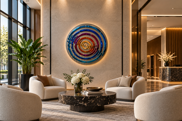 A modern, luxurious lobby interior featuring a large, circular, multi-colored spiral wall art piece mounted on a beige wall. The lobby is furnished with cream-colored armchairs, a round dark marble coffee table with white flowers, and a large potted green plant on the left.