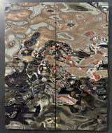 Reflective Aqua High Wave glass wall decor with fluid, distorted patterns.