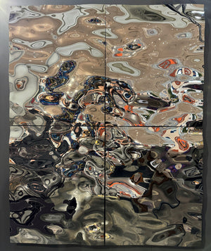 Reflective Aqua High Wave glass wall decor with fluid, distorted patterns.