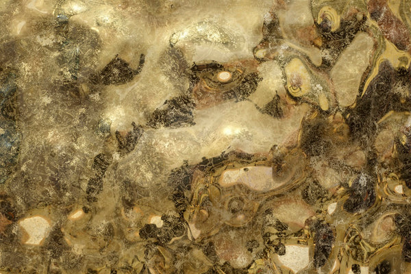 Close-up of Aqua Old Gold glass panel with a textured, reflective surface, blending rich golden hues and intricate patterns for a luxurious aesthetic