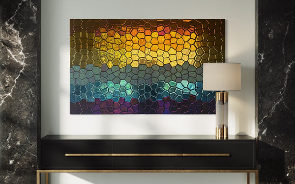 Colorful polygonal glass wall art enhancing a modern interior with reflective surfaces and bold hues