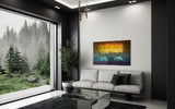 Contemporary mosaic wall panel decor with polygonal glass pieces, creating a dynamic color transition