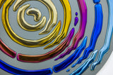 High-end glass panel circle decor with intricate reflective textures and vibrant color transitions.