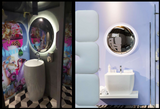 Luxury bathroom featuring Drop of Mercury mirrored wall art, blending reflective design with modern aesthetics.