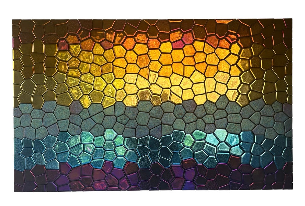 Contemporary mosaic wall panel decor with polygonal glass pieces, creating a dynamic color transition