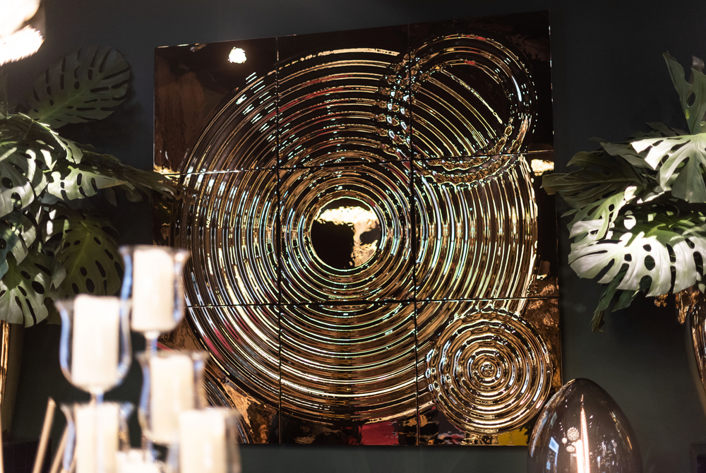 Luxury designer wall decor composition with reflective glass texture and artistic design