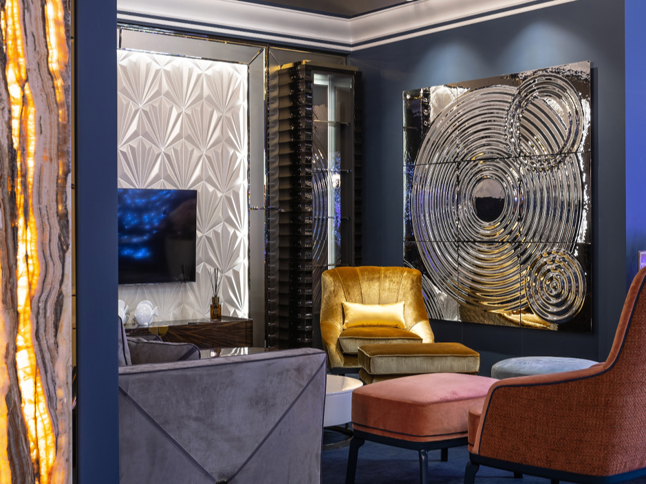 Contemporary interference wall composition with a structured geometric glass arrangement in luxury interior