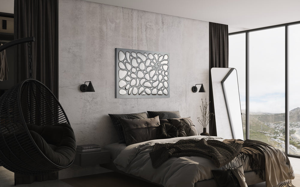 Elegant bedroom featuring a stunning glass wall art panel, complementing a modern, dark-toned interior with a scenic window view