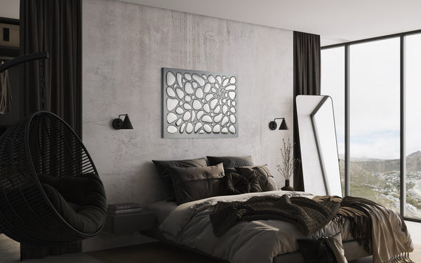 Elegant bedroom featuring a stunning glass wall art panel, complementing a modern, dark-toned interior with a scenic window view