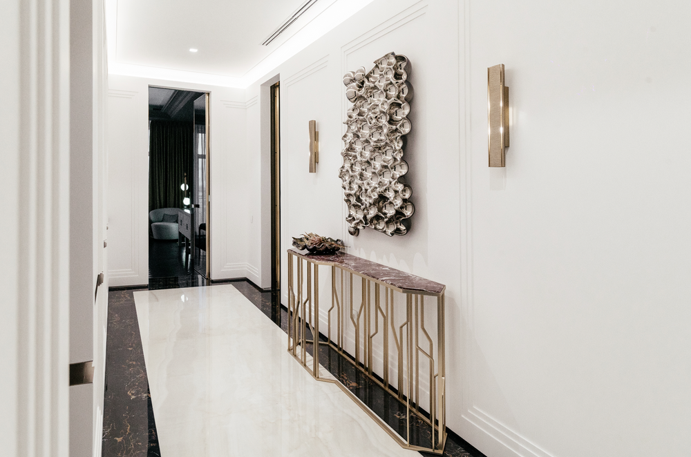 Luxury Glass Sculpture: Luxury bubbles rectangle glass wall sculpture in a high-end hallway with modern decor.