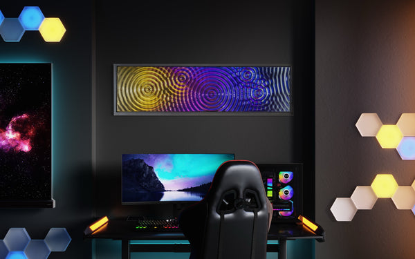 Luxury glass wall panel with an interference pattern, installed above a gaming setup, creating an immersive and futuristic ambiance.