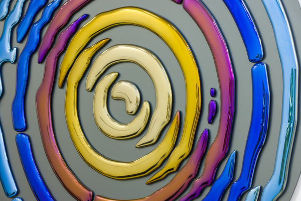 Elegant metallic circle mural with high-gloss titanium-coated glass details, creating a bold artistic statement.