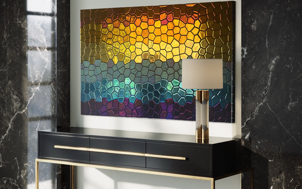 Luxury mosaic wall art featuring polygonal glass tiles in gold, blue, and purple gradient.
