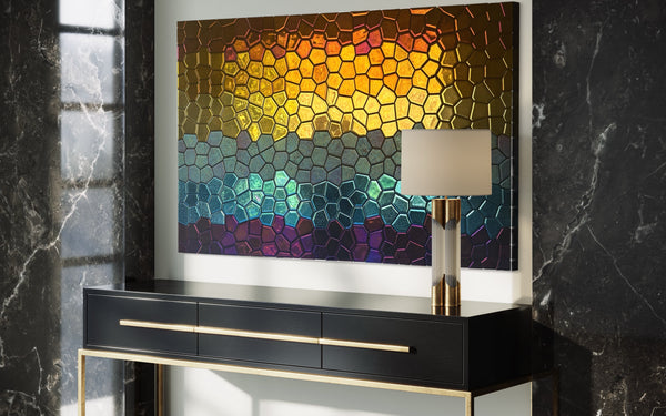 Luxury mosaic wall art featuring polygonal glass tiles in gold, blue, and purple gradient.