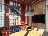 Red artistic wall panels in designer interior