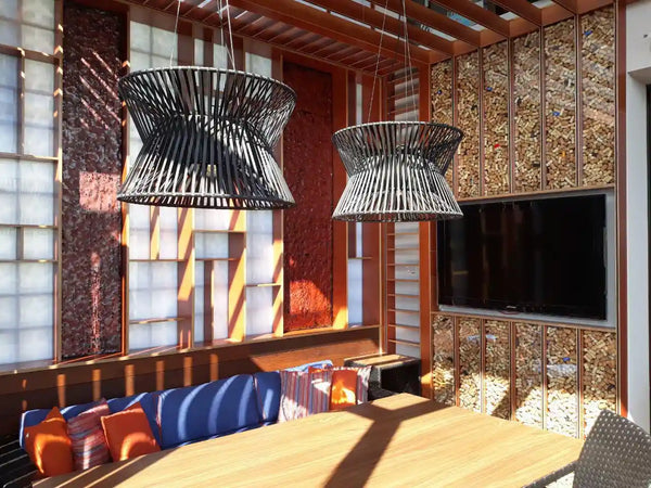 Red artistic wall panels in designer interior