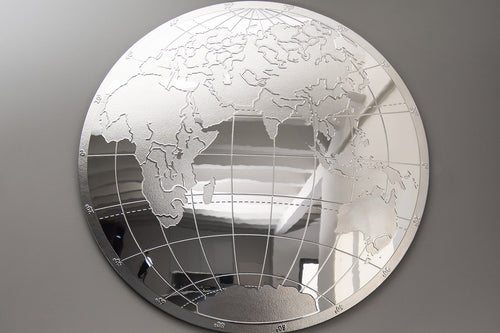 Contemporary glass world map wall art decor with a stylish mirrored finish