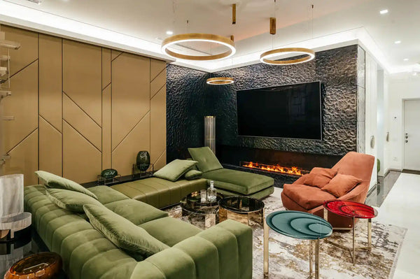 Modern luxury living room in dark-green-orange colors