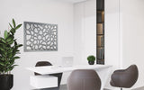 Contemporary office with sleek white furniture and a decorative glass panel, adding a stylish architectural element.