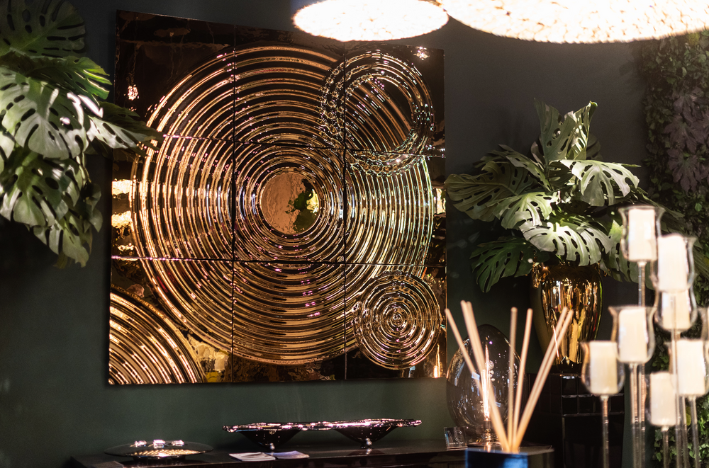 Luxury designer wall decor composition with reflective glass texture and artistic design