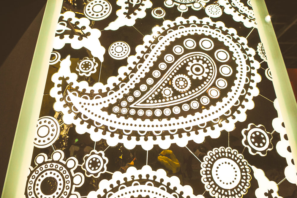 Close-up of the Paisley Pattern – mirrored glass wall panel featuring intricate floral and paisley designs in gold and silver tones.