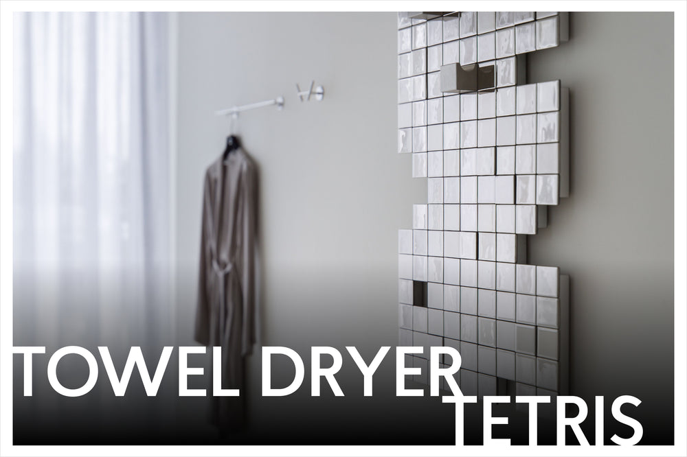 Modern heated towel rack with a stylish Tetris pattern, combining functionality and art.