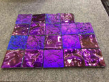 Vibrant purple and blue iridescent glass tiles form a Tetris-style panel. The reflective surfaces create a dynamic, futuristic effect.